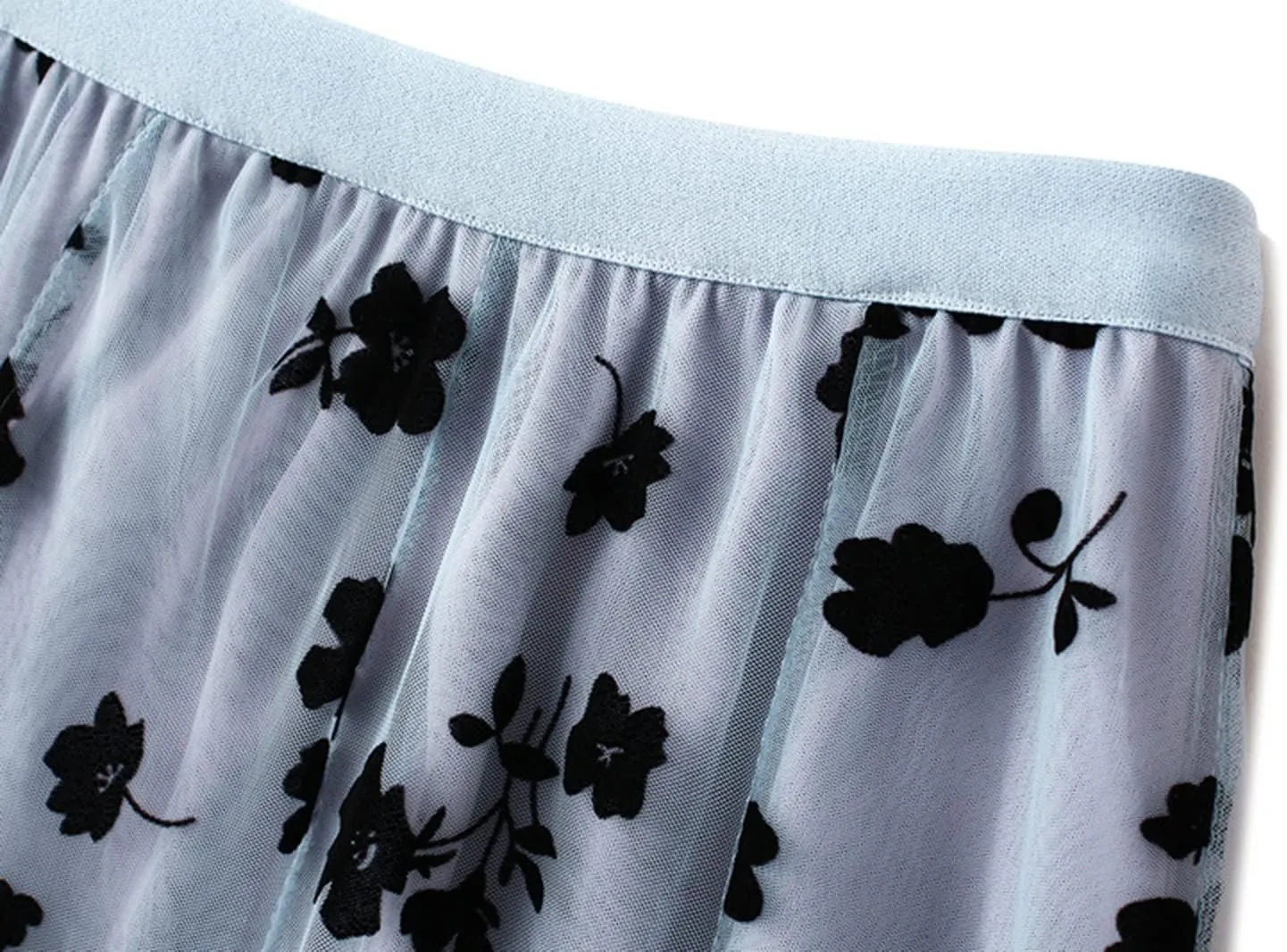 Women's Tulle A-Line Maxi Skirt, Elastic High Waist Layered Skirt Floral Print Mesh Midi Skirt