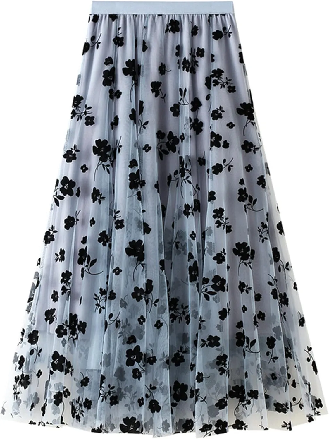 Women's Tulle A-Line Maxi Skirt, Elastic High Waist Layered Skirt Floral Print Mesh Midi Skirt