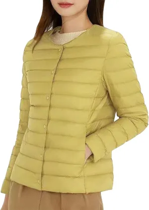 Womens Ultra Lightweight Packable Short Down Jacket Fashion Collarless Button Down Quilted Puffer Parka Coats Outwear