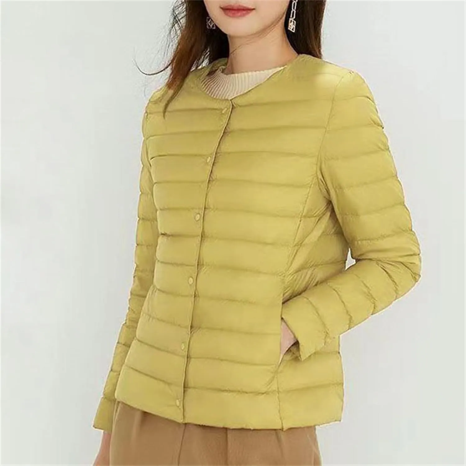 Womens Ultra Lightweight Packable Short Down Jacket Fashion Collarless Button Down Quilted Puffer Parka Coats Outwear
