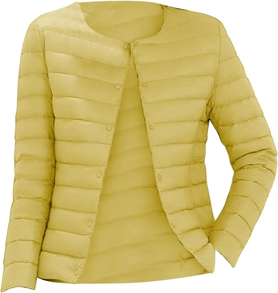 Womens Ultra Lightweight Packable Short Down Jacket Fashion Collarless Button Down Quilted Puffer Parka Coats Outwear