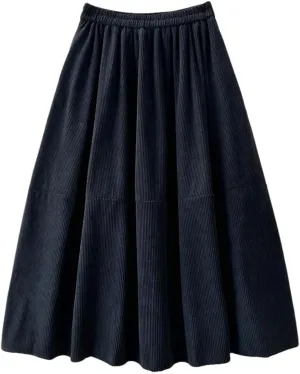 Women's Vintage Corduroy Midi Long Skirt with Pockets Korean High Waist Pleated Swing Skirts