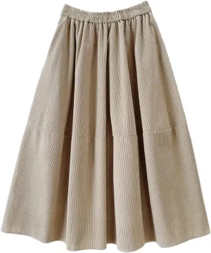 Women's Vintage Corduroy Midi Long Skirt with Pockets Korean High Waist Pleated Swing Skirts