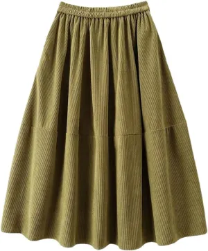 Women's Vintage Corduroy Midi Long Skirt with Pockets Korean High Waist Pleated Swing Skirts