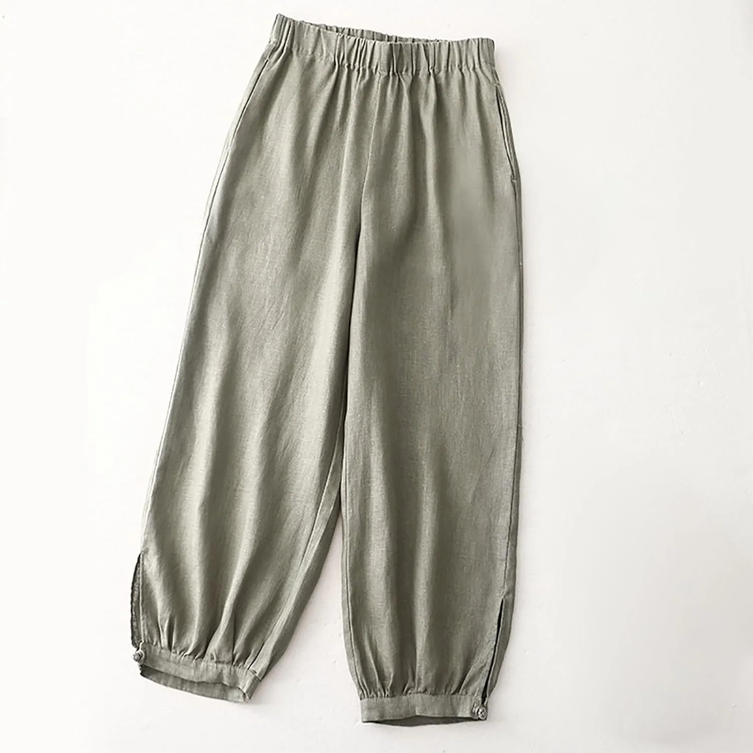 Women's Vintage Linen Pants, 2025 Summer Comfy Baggy Beach Trousers Palazzo Lounge Pants with Pockets