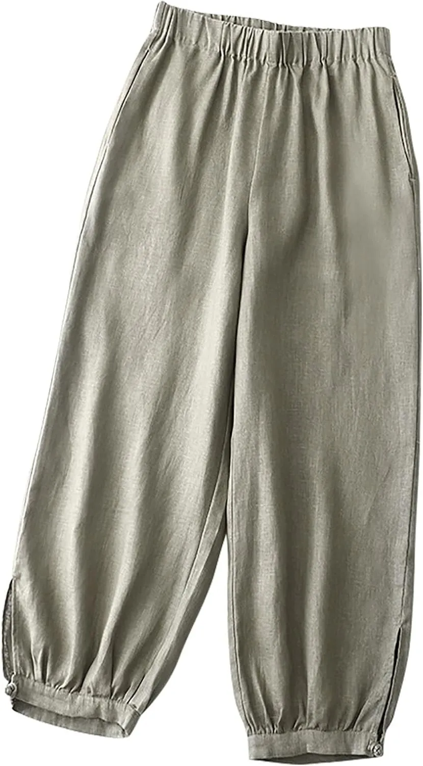 Women's Vintage Linen Pants, 2025 Summer Comfy Baggy Beach Trousers Palazzo Lounge Pants with Pockets