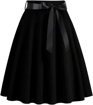 Women's Vintage Pleated High Waist Skirt Front Tie Cocktail Party Flare A-Line Solid Color Hepburn Swing Midi Skirts