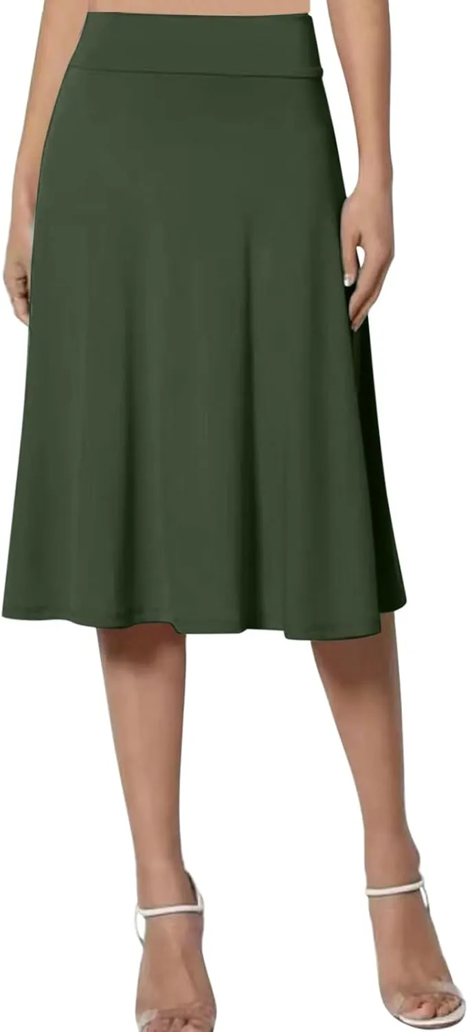 Womens Vintage Pleated Skirt Midi Length High Waisted Skirts Flared A Line Skirt Casual Dressy Holiday Party Long Skirt Dress