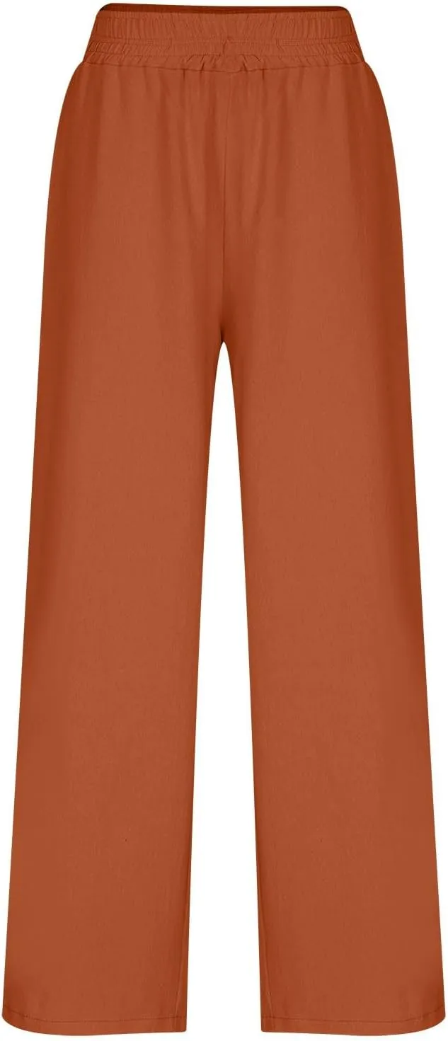 Womens Wide Leg Linen Pants Casual High Elastic Waist Loose Palazzo Pants Summer Beach Flowy Trousers with Pockets