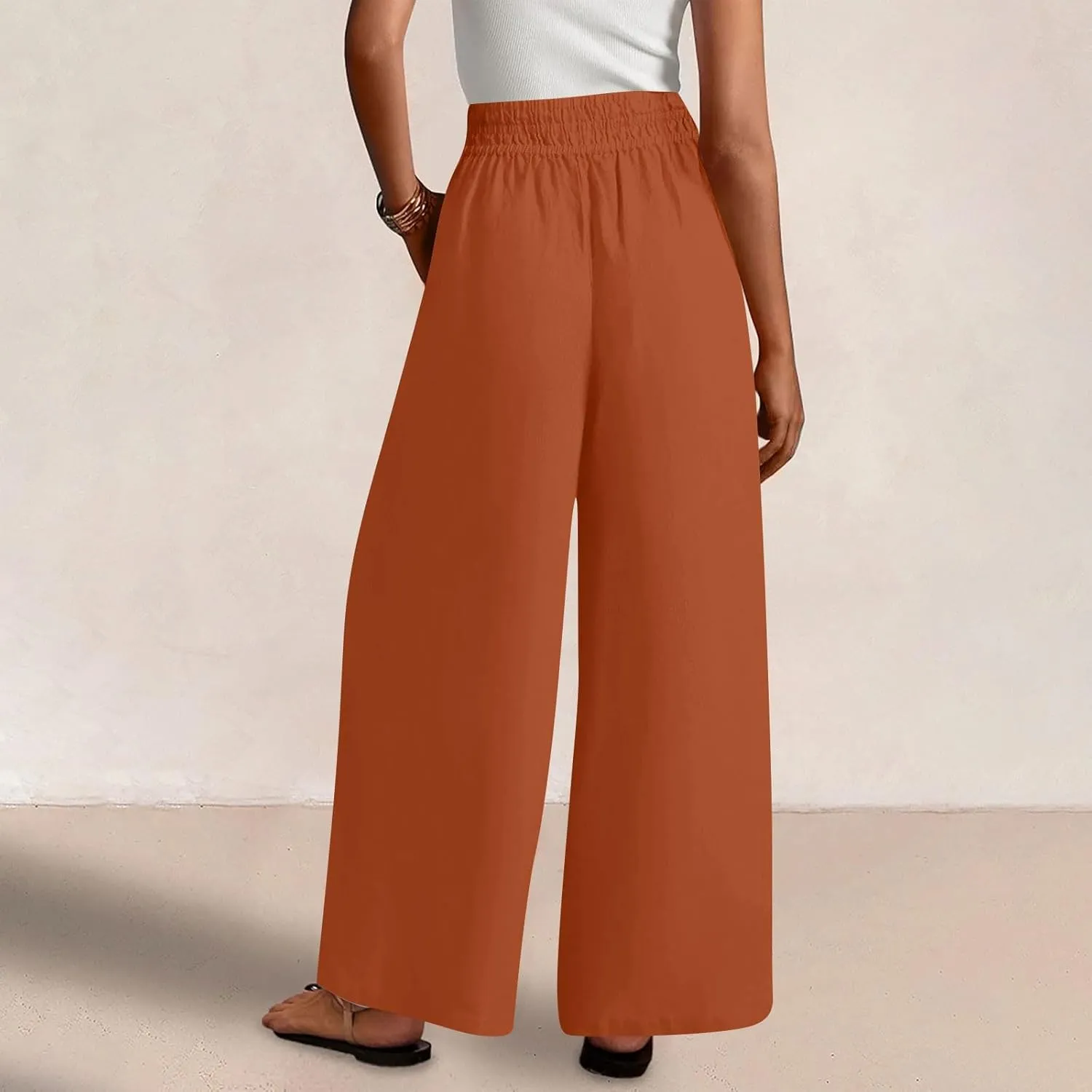 Womens Wide Leg Linen Pants Casual High Elastic Waist Loose Palazzo Pants Summer Beach Flowy Trousers with Pockets