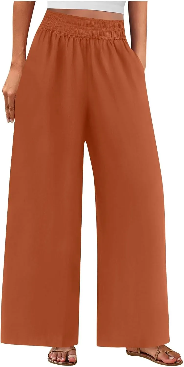 Womens Wide Leg Linen Pants Casual High Elastic Waist Loose Palazzo Pants Summer Beach Flowy Trousers with Pockets