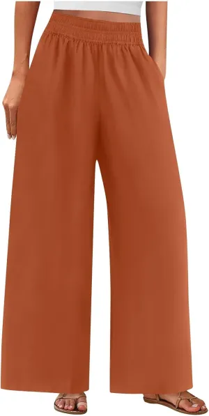 Womens Wide Leg Linen Pants Casual High Elastic Waist Loose Palazzo Pants Summer Beach Flowy Trousers with Pockets