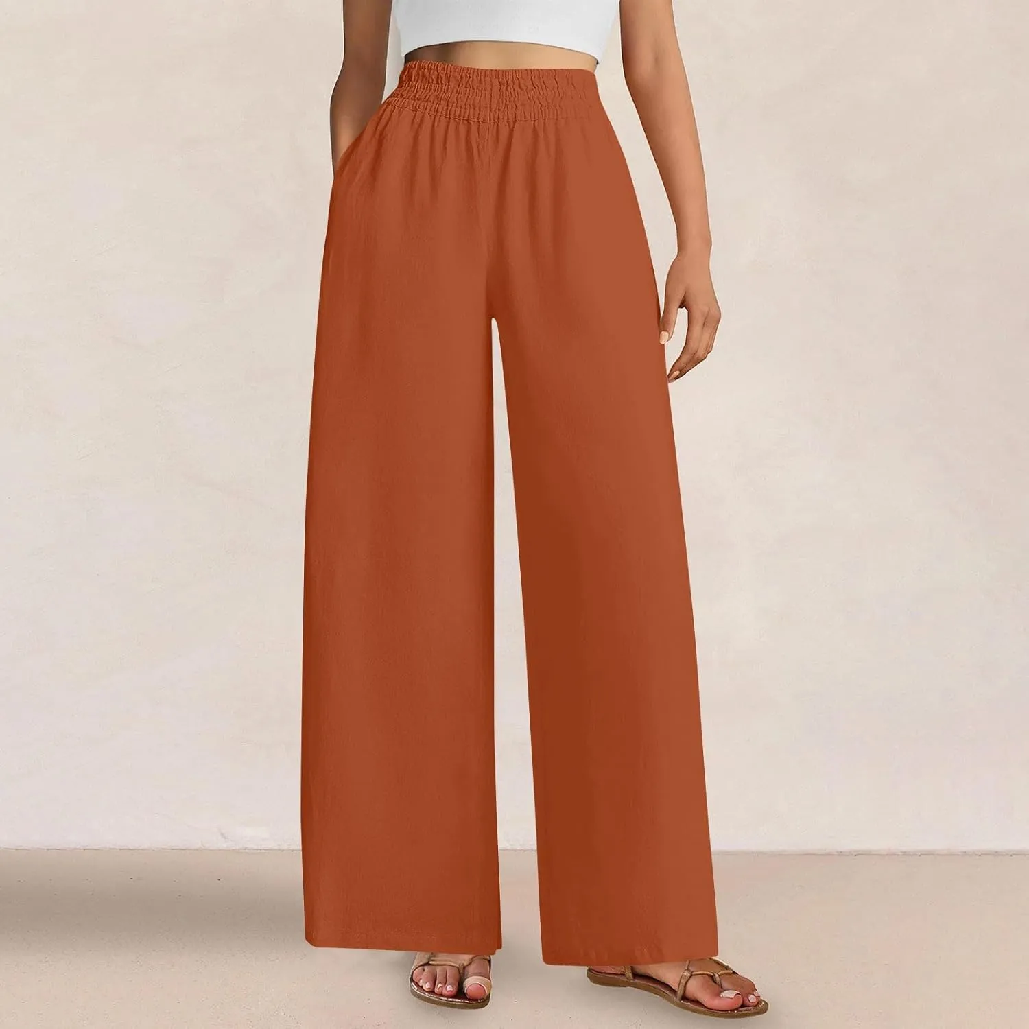 Womens Wide Leg Linen Pants Casual High Elastic Waist Loose Palazzo Pants Summer Beach Flowy Trousers with Pockets