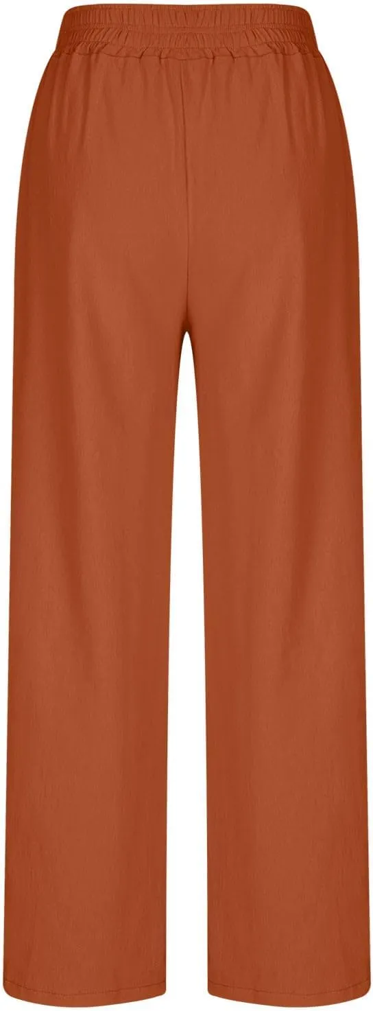 Womens Wide Leg Linen Pants Casual High Elastic Waist Loose Palazzo Pants Summer Beach Flowy Trousers with Pockets