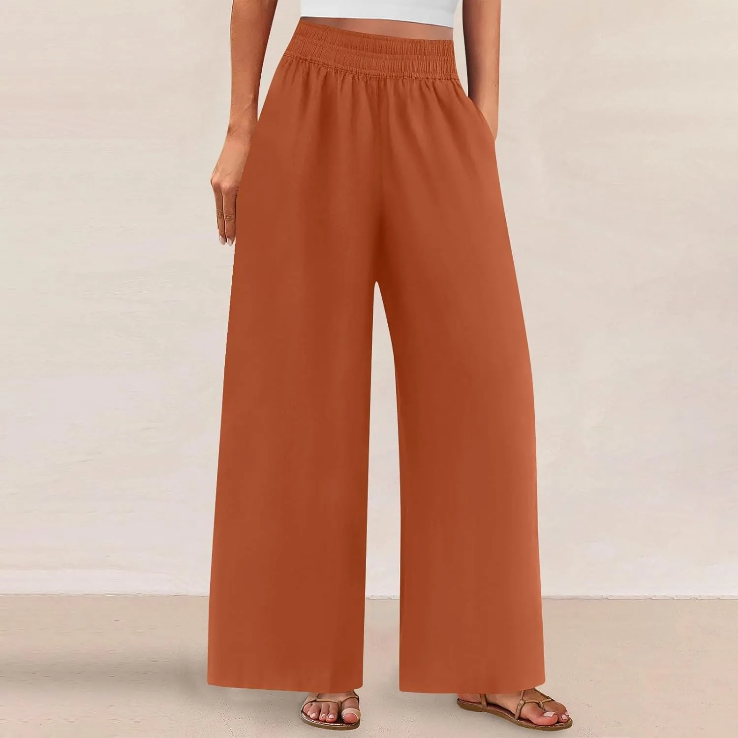 Womens Wide Leg Linen Pants Casual High Elastic Waist Loose Palazzo Pants Summer Beach Flowy Trousers with Pockets