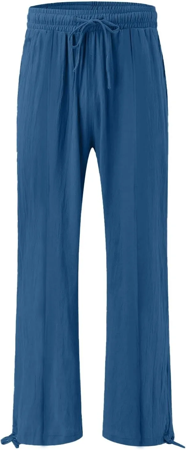 Womens Wide Leg Linen Pants Summer Casual Boho Beach Palazzo Pants Smocked High Waisted Lightweight Flowy Pants