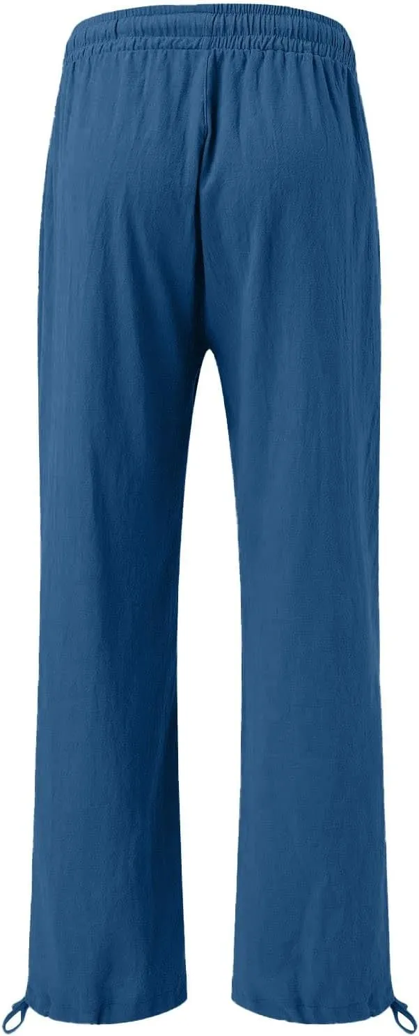 Womens Wide Leg Linen Pants Summer Casual Boho Beach Palazzo Pants Smocked High Waisted Lightweight Flowy Pants