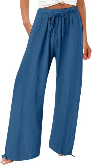 Womens Wide Leg Linen Pants Summer Casual Boho Beach Palazzo Pants Smocked High Waisted Lightweight Flowy Pants