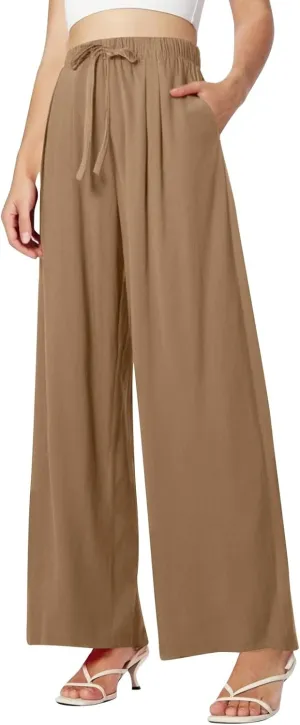Womens Wide Leg Linen Pants Summer Drawstring Elastic Waist Palazzo Pants Soft Comfy Summer Beach Trousers Pockets