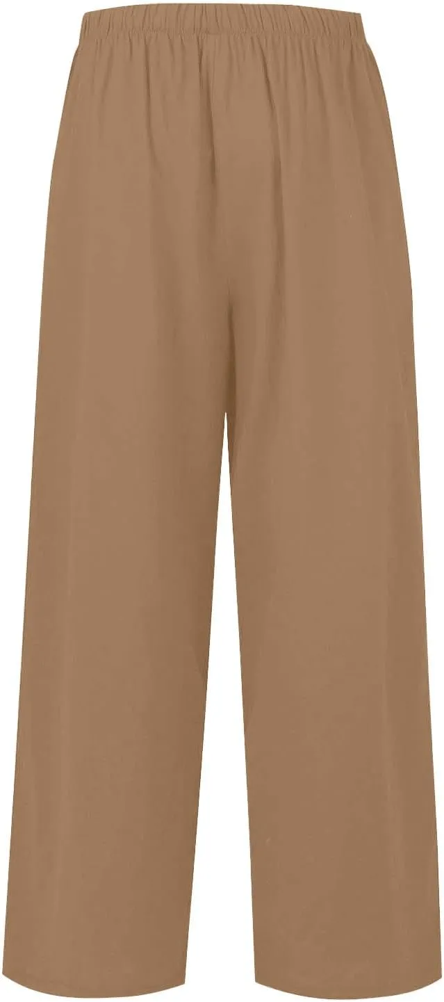 Womens Wide Leg Linen Pants Summer Drawstring Elastic Waist Palazzo Pants Soft Comfy Summer Beach Trousers Pockets