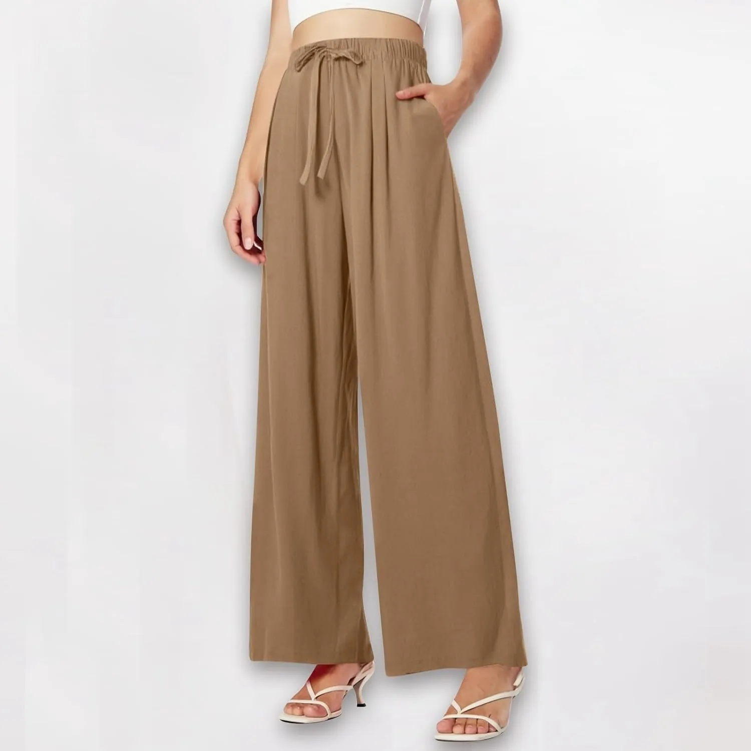 Womens Wide Leg Linen Pants Summer Drawstring Elastic Waist Palazzo Pants Soft Comfy Summer Beach Trousers Pockets