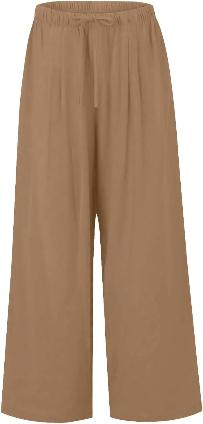 Womens Wide Leg Linen Pants Summer Drawstring Elastic Waist Palazzo Pants Soft Comfy Summer Beach Trousers Pockets