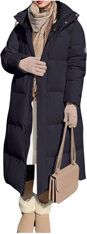 Women's Winter Over Knee Hooded Maxi Long Puffer Down Coat Long Winter Coats Zip Up Padded Coat Maxi Length Outerwear