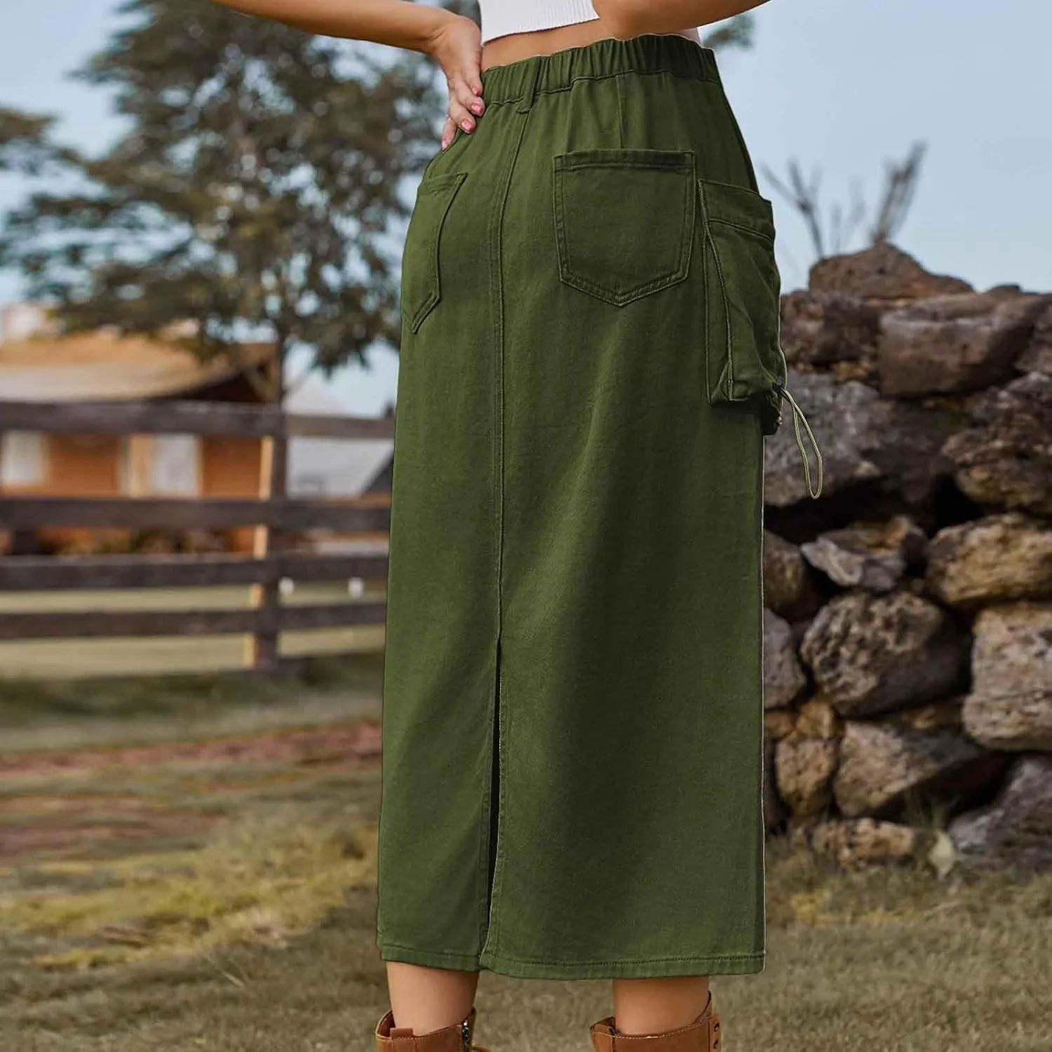 Women's Y2K Cargo Skirt High Waisted Adjustable Drawstring Casual A-Line Midi Long Skirt Teen Girls Summer Skirt 2025