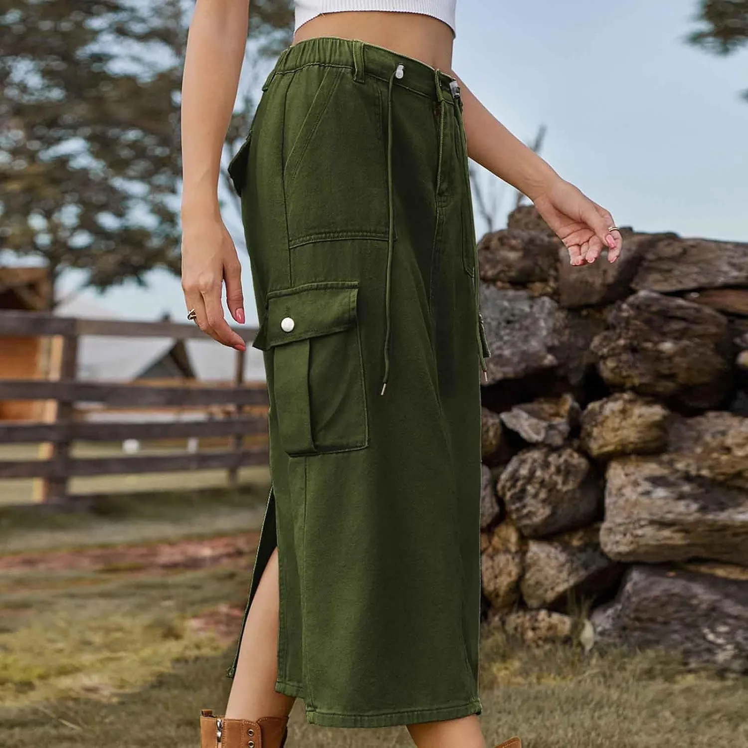 Women's Y2K Cargo Skirt High Waisted Adjustable Drawstring Casual A-Line Midi Long Skirt Teen Girls Summer Skirt 2025