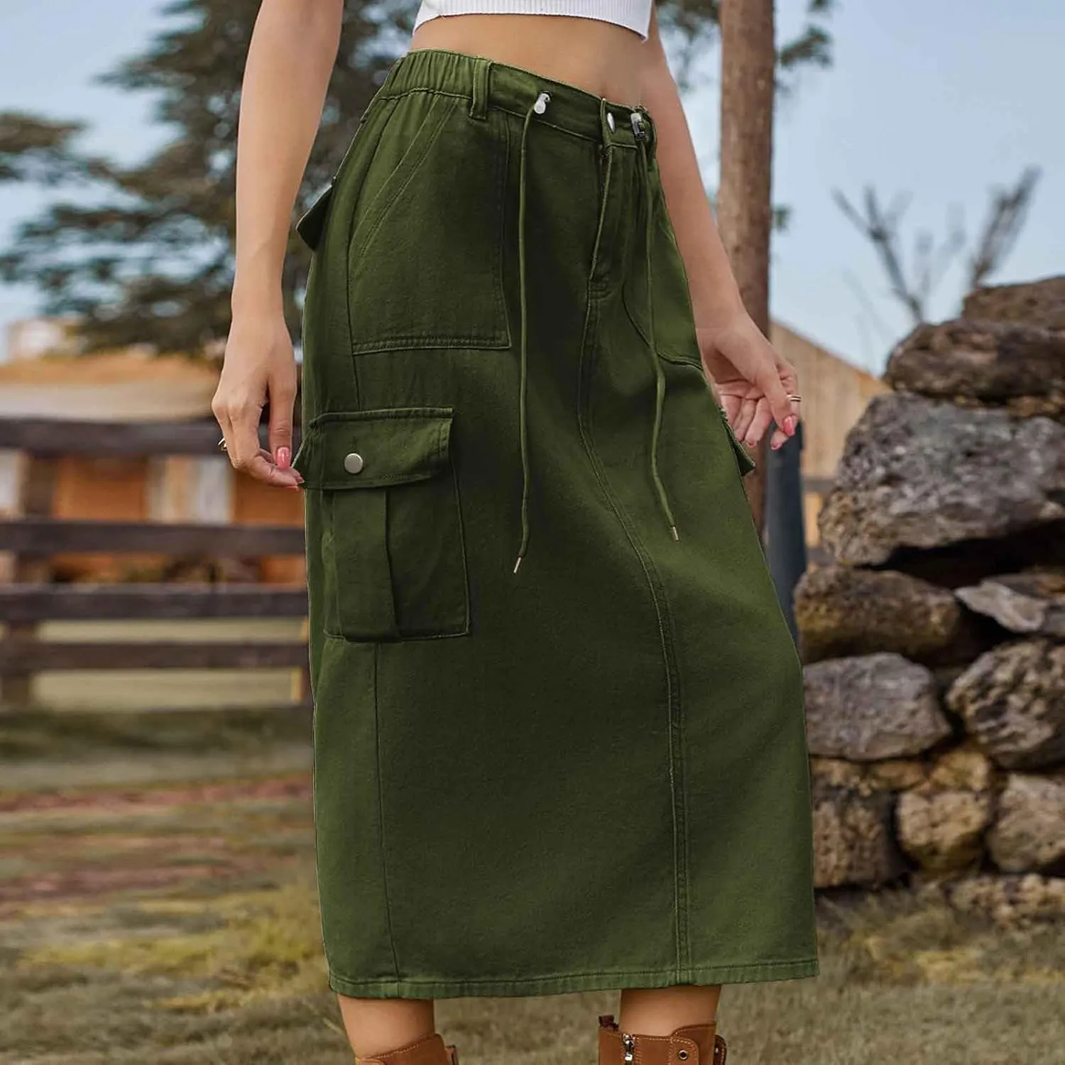 Women's Y2K Cargo Skirt High Waisted Adjustable Drawstring Casual A-Line Midi Long Skirt Teen Girls Summer Skirt 2025