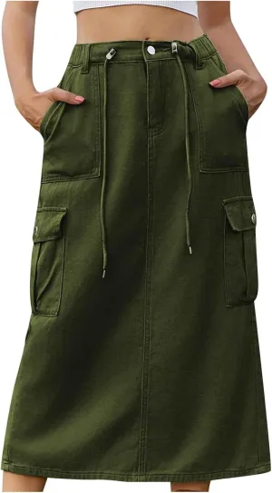 Women's Y2K Cargo Skirt High Waisted Adjustable Drawstring Casual A-Line Midi Long Skirt Teen Girls Summer Skirt 2025