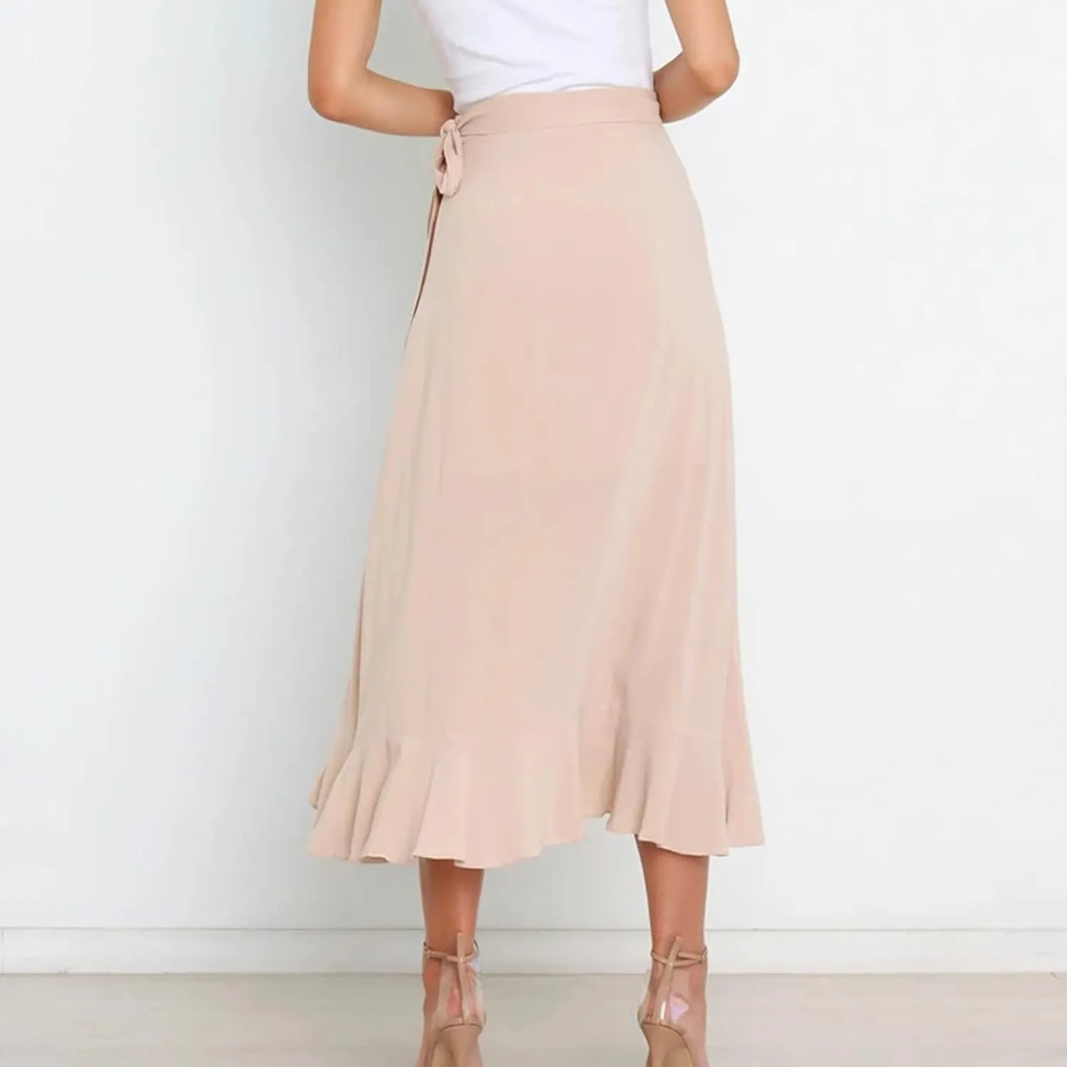 Wrap Skirts for Women Sexy Elegant Ruffle Asymmetrical Hem Maxi Skirts Summer Causal Solid Office Work Party Skirt