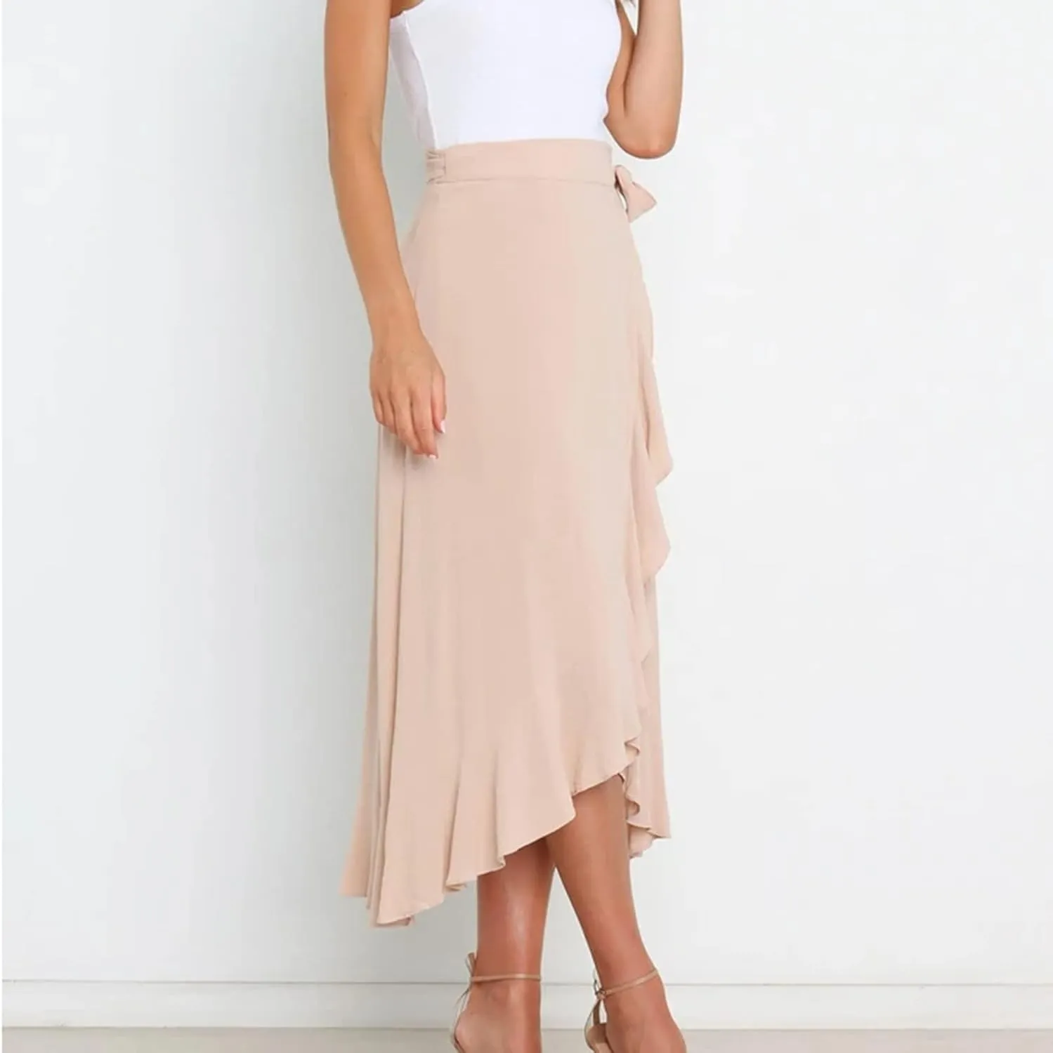 Wrap Skirts for Women Sexy Elegant Ruffle Asymmetrical Hem Maxi Skirts Summer Causal Solid Office Work Party Skirt