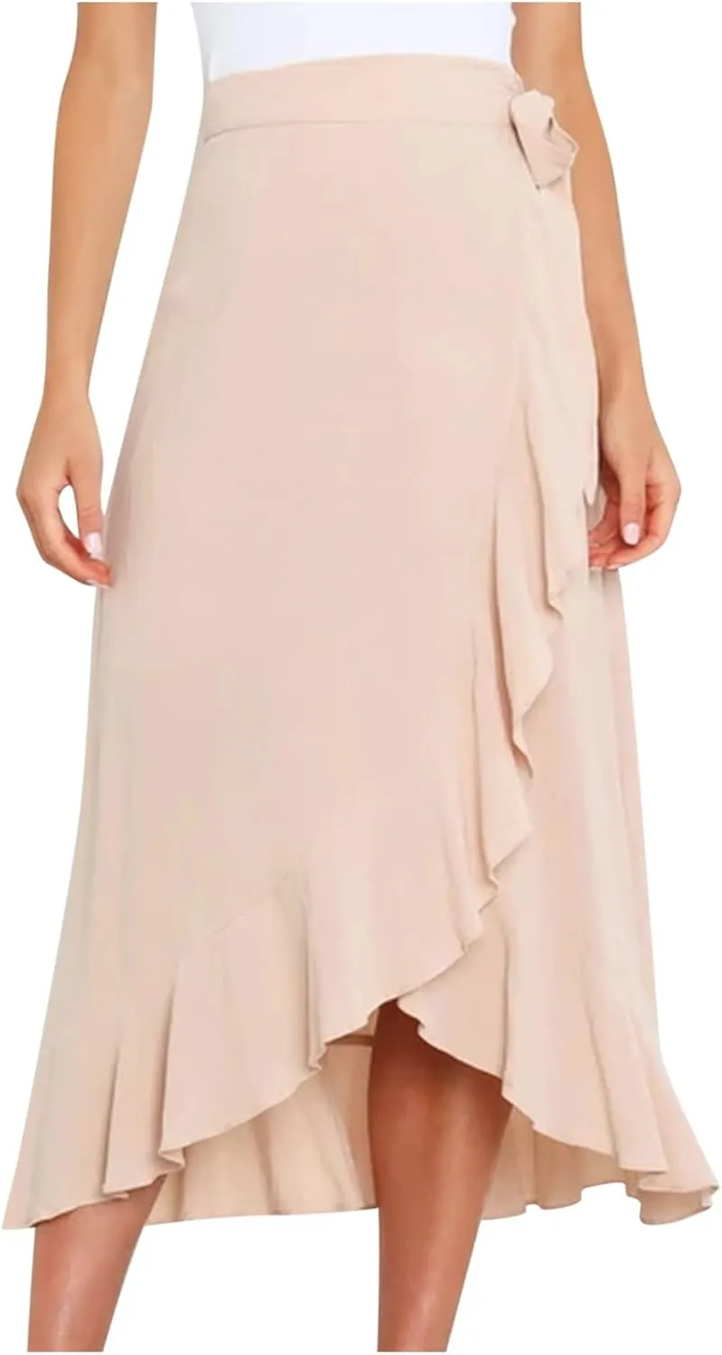 Wrap Skirts for Women Sexy Elegant Ruffle Asymmetrical Hem Maxi Skirts Summer Causal Solid Office Work Party Skirt