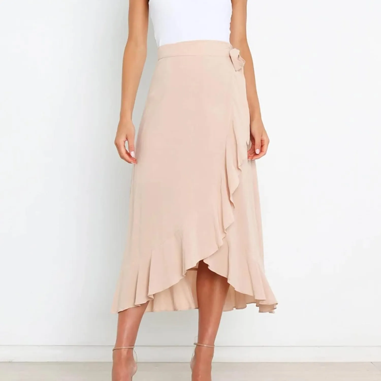 Wrap Skirts for Women Sexy Elegant Ruffle Asymmetrical Hem Maxi Skirts Summer Causal Solid Office Work Party Skirt