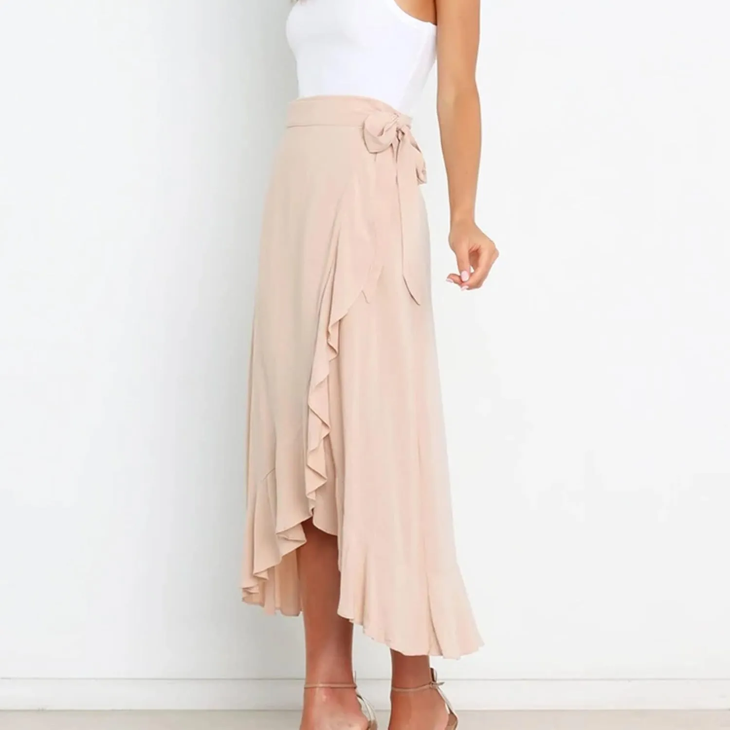 Wrap Skirts for Women Sexy Elegant Ruffle Asymmetrical Hem Maxi Skirts Summer Causal Solid Office Work Party Skirt
