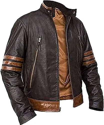X Men Wolverine Striped Leather Jacket for Wolverine Logan fans Brown