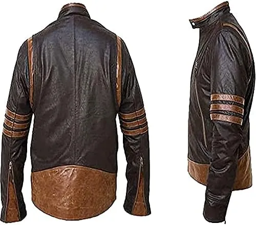 X Men Wolverine Striped Leather Jacket for Wolverine Logan fans Brown
