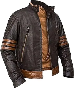 X Men Wolverine Striped Leather Jacket for Wolverine Logan fans Brown