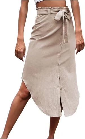 Xiaojmake Women's Pleated Midi Skirt Ruched High Waisted Paperbag Waist Tie Front A-Line Skirt Button Down Slit Beach Skirts