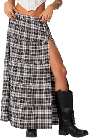 Y2K Plaid Tiered Maxi Skirts Women Boho Flowy A Line Long Skirts Elastic High Waist Gingham Ruffle Vintage Skirts
