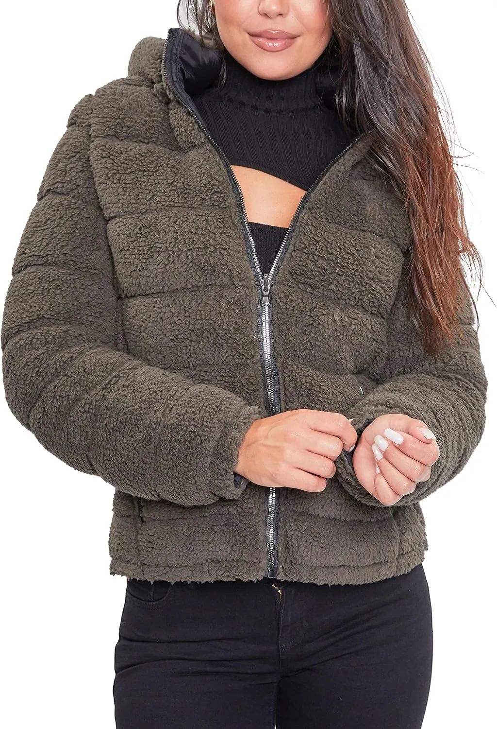 YMI Women's Junior Faux Leather Sherpa Lined Jacket