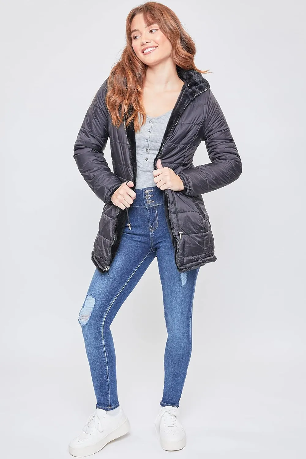 YMI Women's Junior Reversible Faux Fur Puffer Jacket