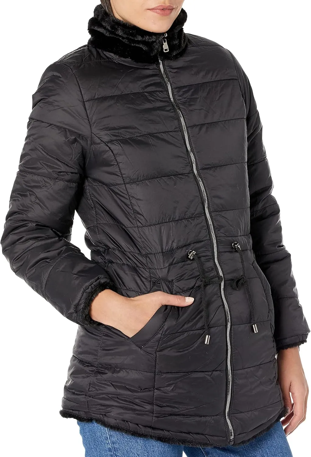 YMI Women's Junior Reversible Faux Fur Puffer Jacket