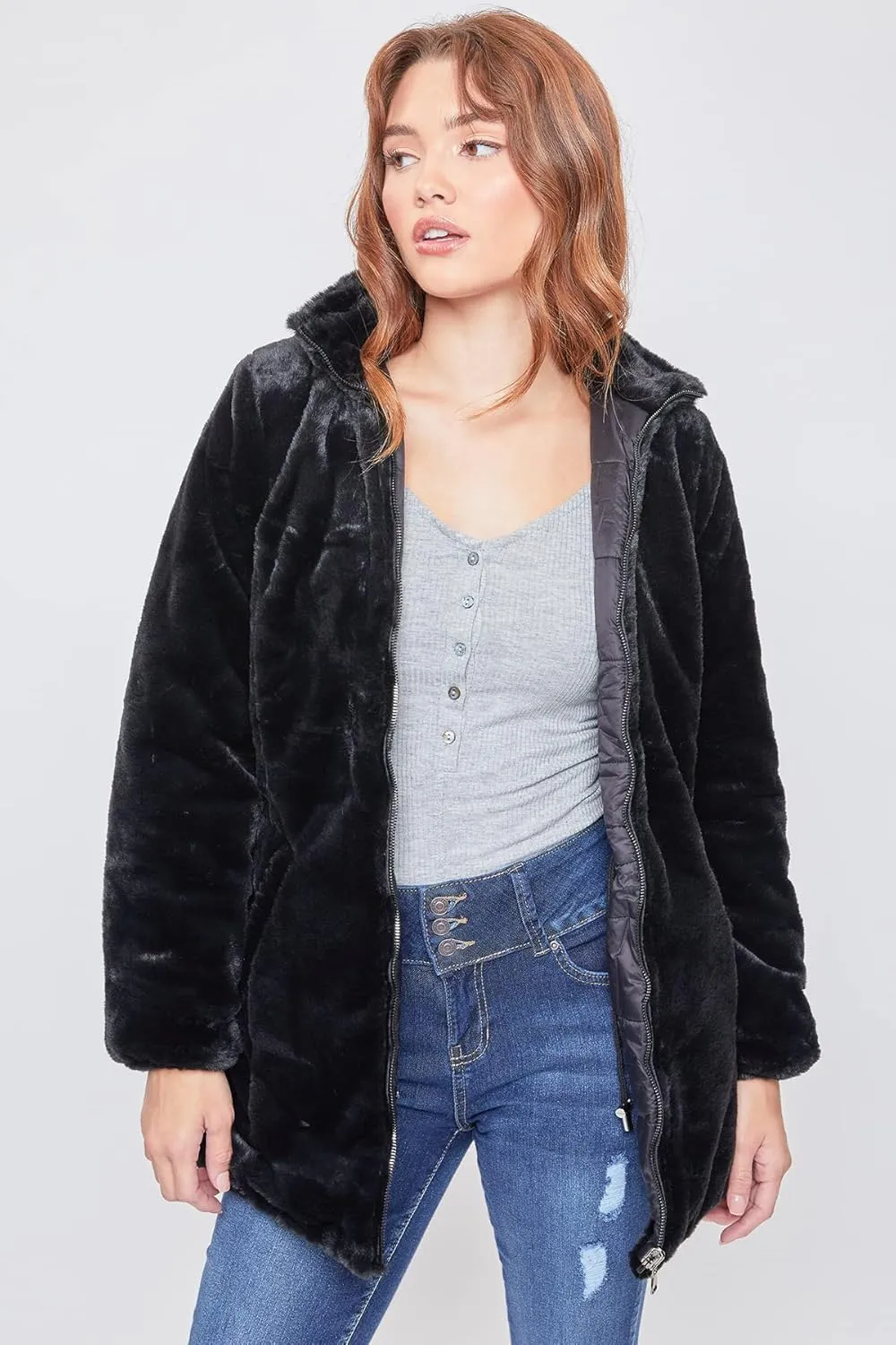 YMI Women's Junior Reversible Faux Fur Puffer Jacket