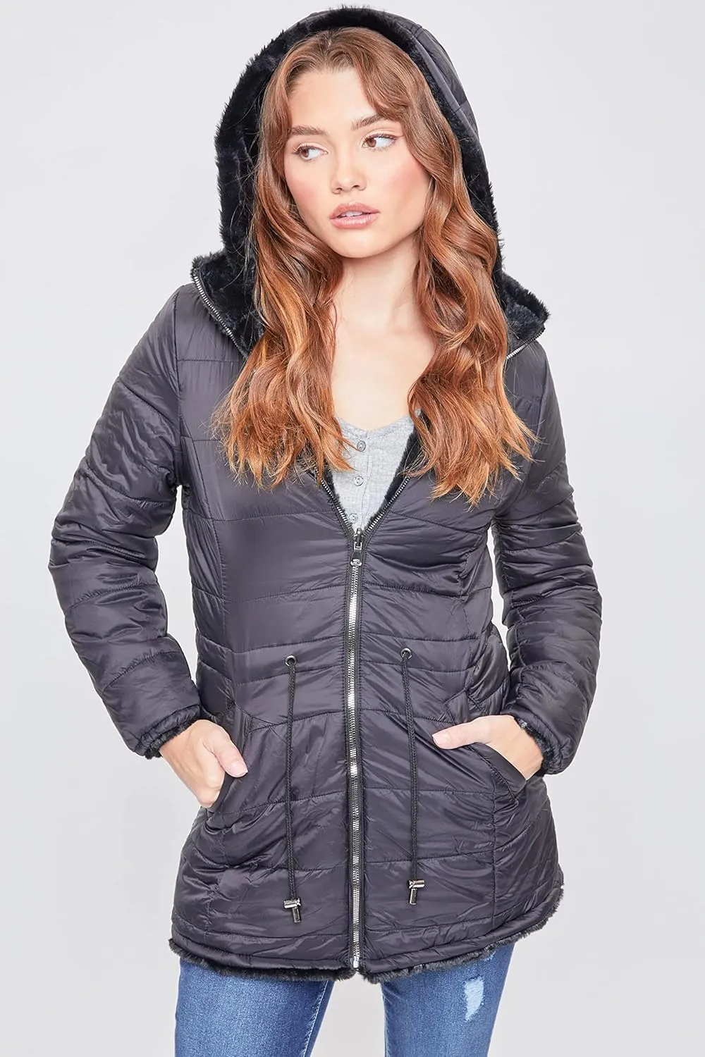 YMI Women's Junior Reversible Faux Fur Puffer Jacket