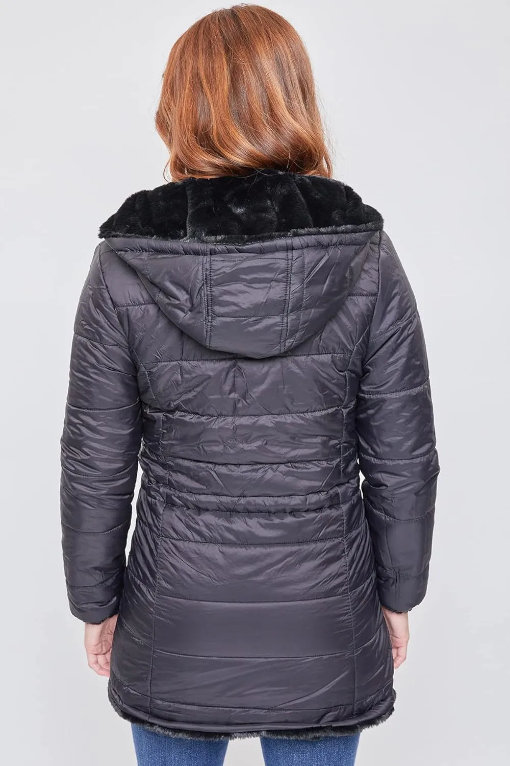 YMI Women's Junior Reversible Faux Fur Puffer Jacket