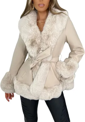 Yoawdats Women's Faux Leather Jacket Winter Faux Fur Plush Collar Long Sleeve Parka Thicken Warm Cardigan with Belt Outwear