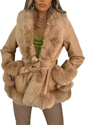 Yoawdats Women's Faux Leather Jacket Winter Faux Fur Plush Collar Long Sleeve Parka Thicken Warm Cardigan with Belt Outwear