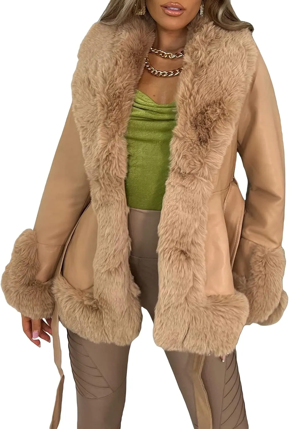 Yoawdats Women's Faux Leather Jacket Winter Faux Fur Plush Collar Long Sleeve Parka Thicken Warm Cardigan with Belt Outwear